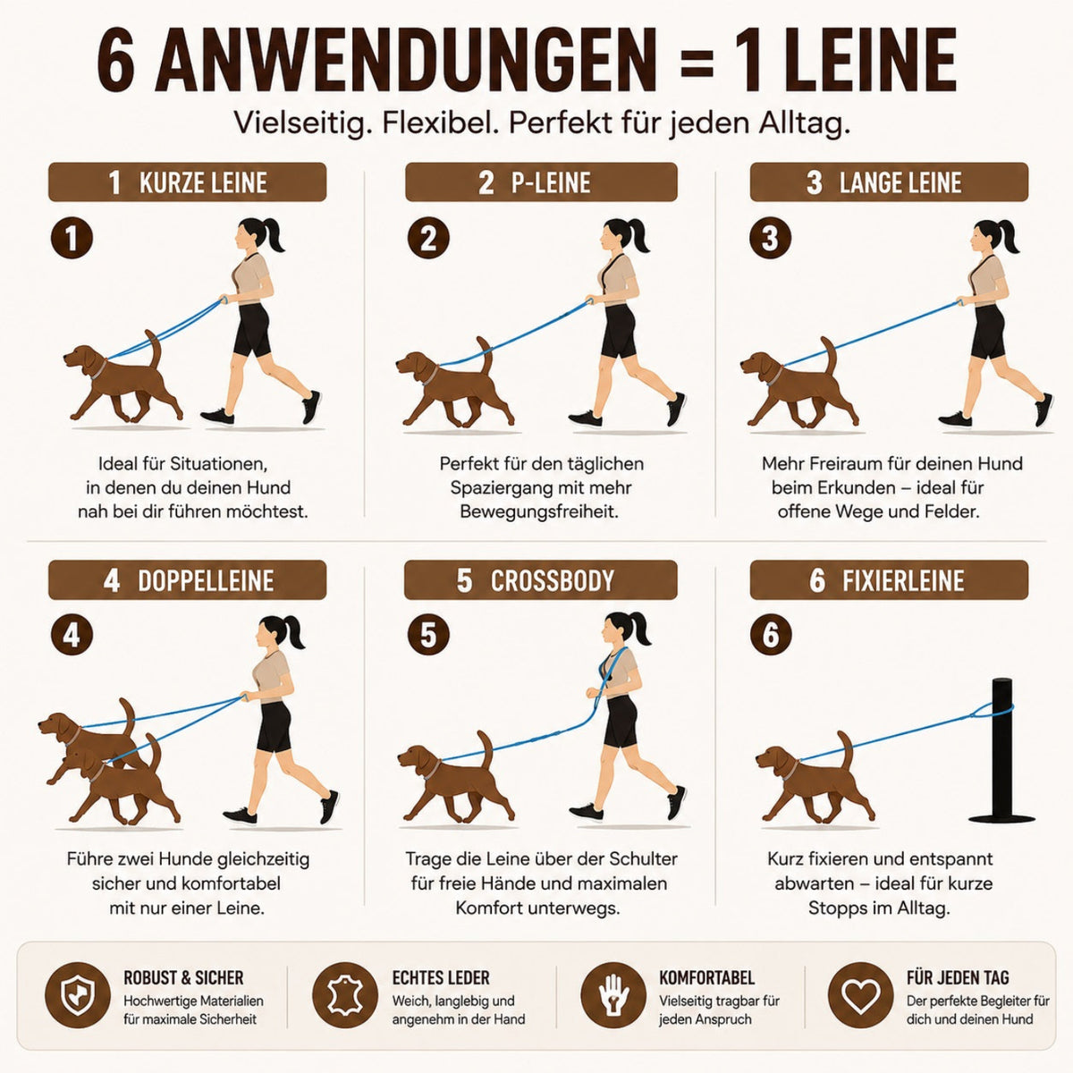 Multifunktionale Lederhundeleine mit 6 Anwendungsmöglichkeiten für Spaziergänge