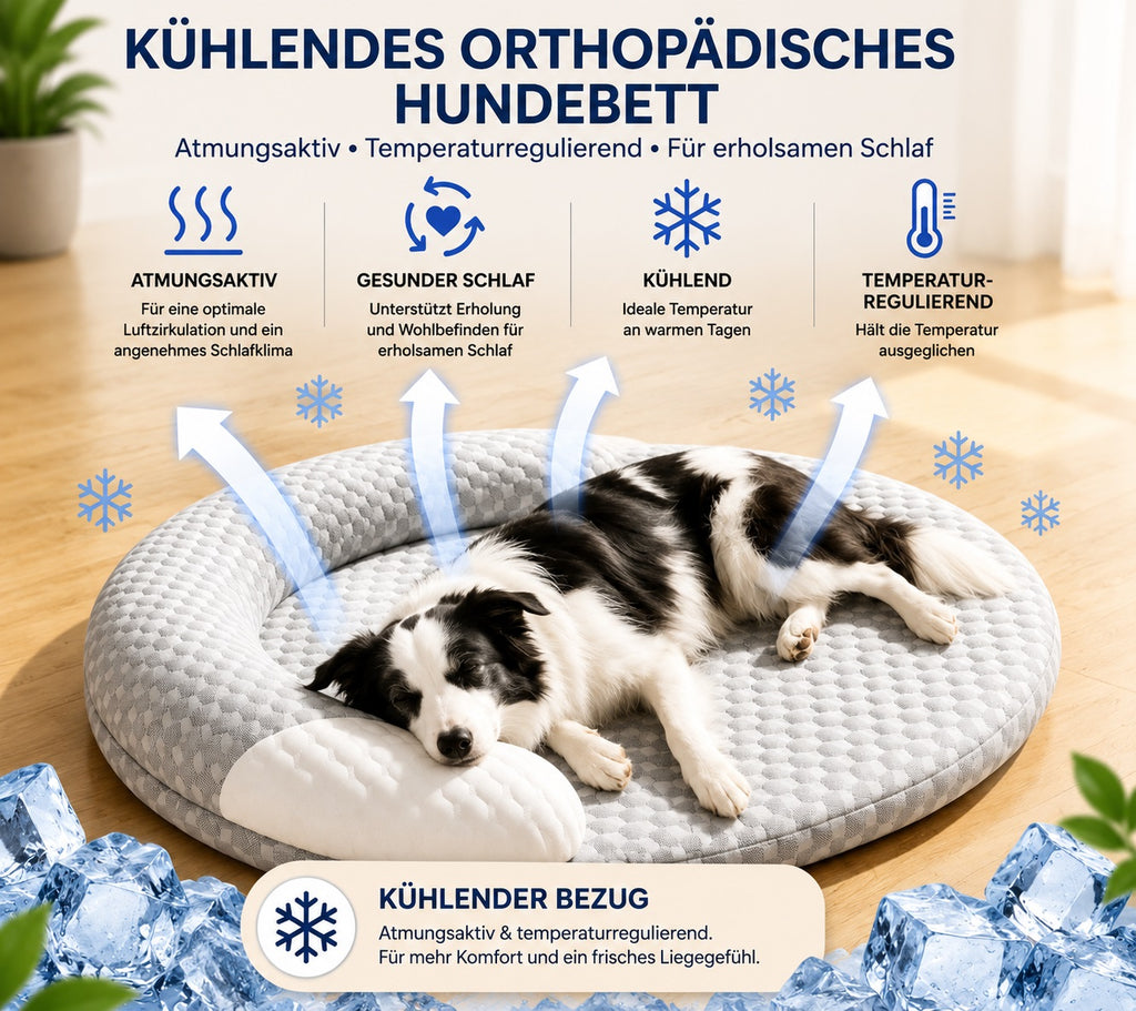 Das Kühl-Hundebett mit atmungsaktivem Kühlbezug, orthopädischer Liegefläche und ergonomischer Nackenstütze. Temperaturregulierendes Hundebett für angenehmen und erholsamen Schlaf an warmen Tagen.