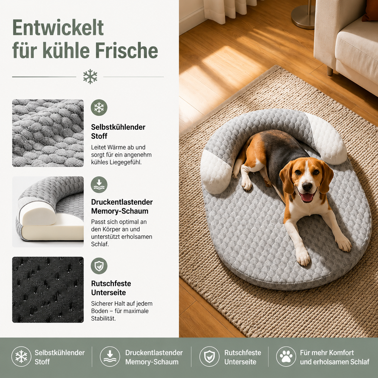 Das Kühl-Hundebett mit selbstkühlendem Stoff, druckentlastendem Memory-Schaum und rutschfester Unterseite. Orthopädisches Hundebett für hohen Liegekomfort und erholsamen Schlaf.