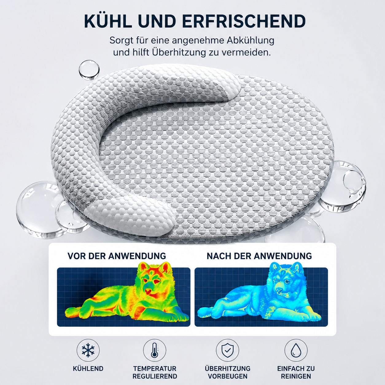 Das Kühl-Hundebett mit kühlender Oberfläche und temperaturregulierendem Bezug. Unterstützt die Wärmeableitung und sorgt für ein angenehm frisches Liegegefühl an warmen Tagen.