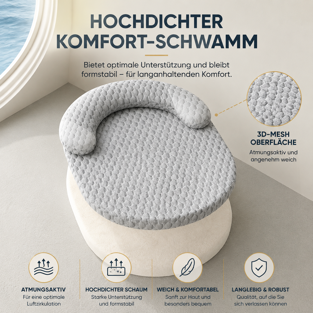 Das Kühl-Hundebett mit hochdichtem Komfortschaum und ergonomischer Nackenstütze. Atmungsaktive 3D-Mesh-Oberfläche für druckentlastenden und bequemen Hundeschlaf.