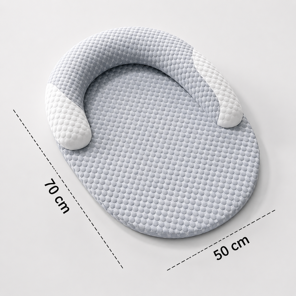 Das Kühl-Hundebett in Größe L mit den Maßen 70 × 50 cm. Orthopädisches Hundebett mit kühlendem Bezug und ergonomischer Nackenstütze für mittelgroße Hunde.