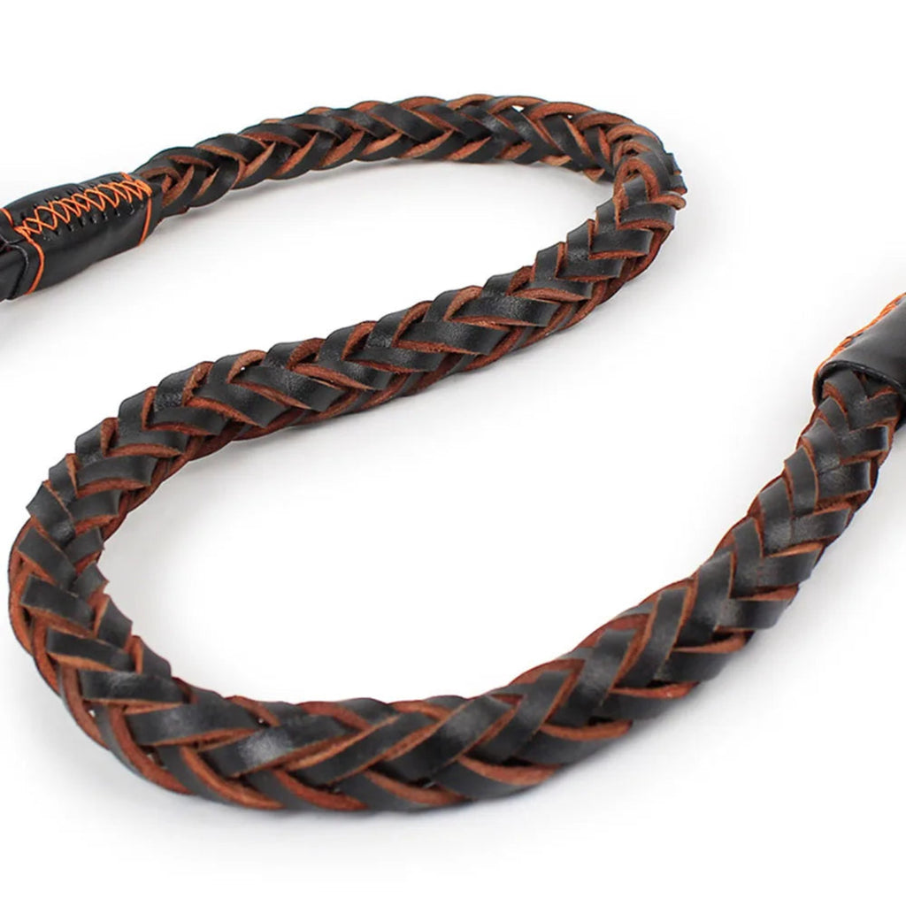 Nahaufnahme einer geflochtenen Hundeleine in Schwarz und Cognac, die hochwertige Verarbeitung, robuste Flechtung und das elegante Design der Lederleine zeigt.