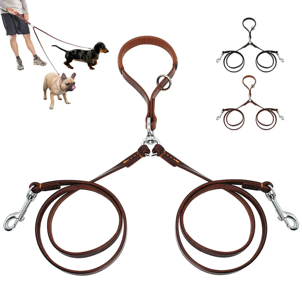Lederkoppler für 2 Hunde in Schwarz und Cognac – Doppelleine mit einem Griff für Dackel und Französische Bulldogge – Hund & Heim