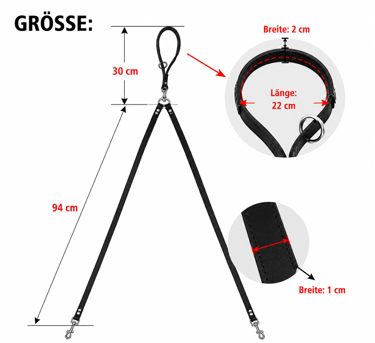 Infografik Doppelleine Leder: Jede Leine 94cm, Handgriff 30cm (Breite 2cm), Leinenbreite 1cm – Hund & Heim