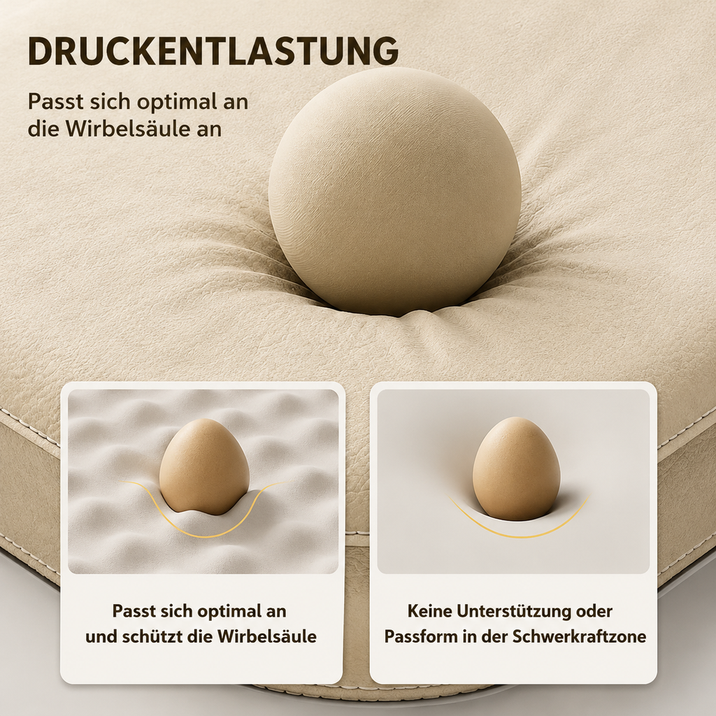 Infografik zur orthopädischen Druckentlastung des Leder-Hundebetts – Füllung passt sich der Wirbelsäule an und schützt Gelenke | Hund & Heim
