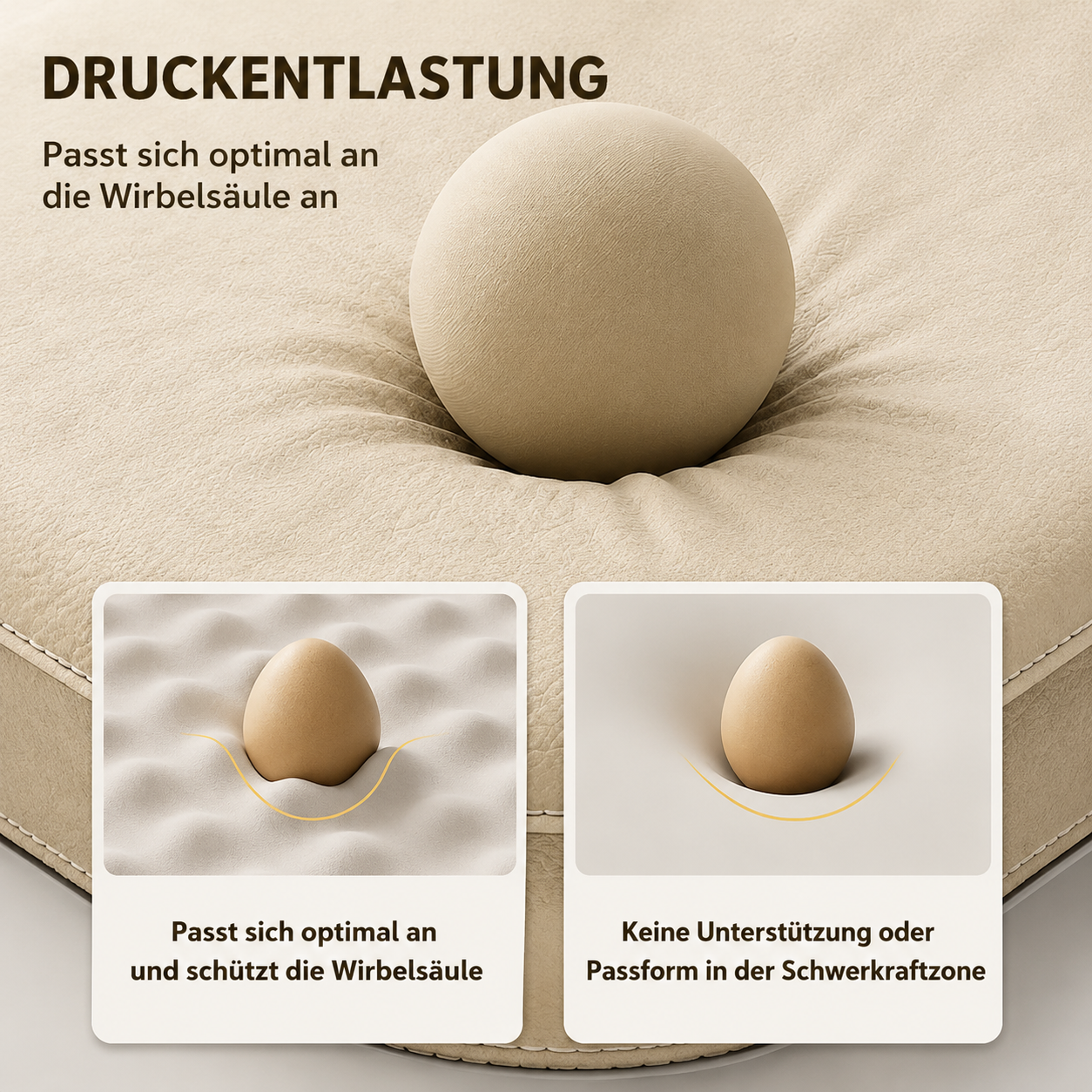 Infografik zur orthopädischen Druckentlastung des Leder-Hundebetts – Füllung passt sich der Wirbelsäule an und schützt Gelenke | Hund & Heim
