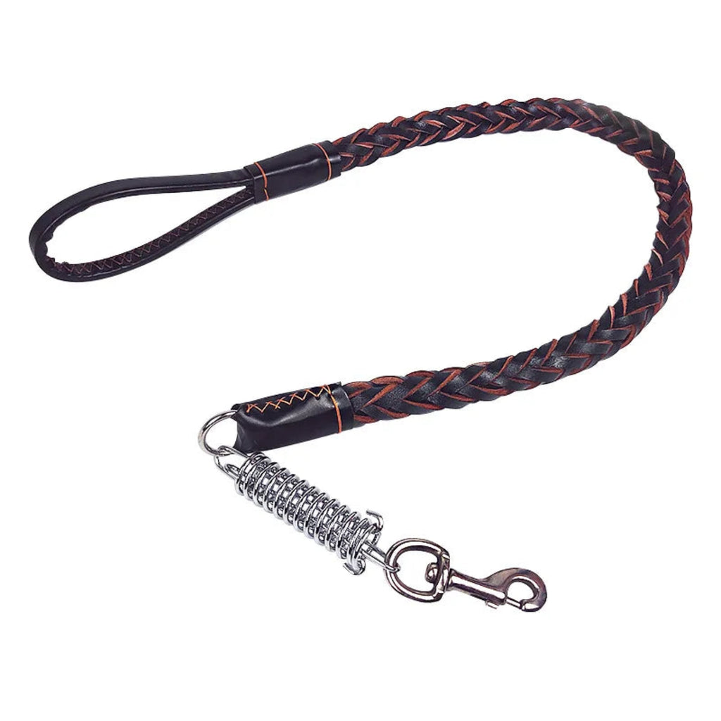 Schwarze geflochtene Hundeleine mit Cognacfarbenen Details, komfortabler Handschlaufe, stabilem Metallkarabiner und integriertem Federdämpfer für sichere Spaziergänge.