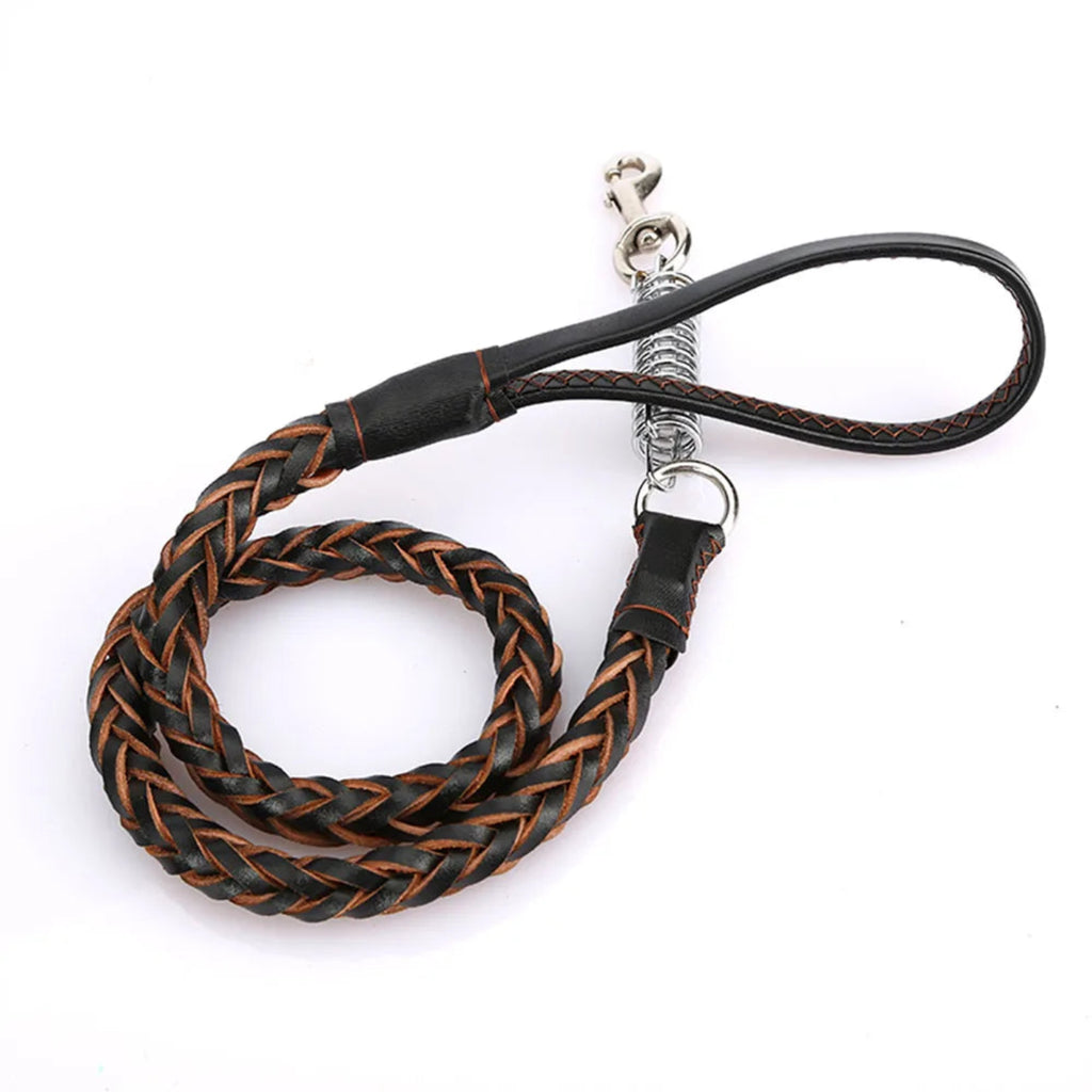 Geflochtene schwarze Lederleine für Hunde mit stabiler Handschlaufe, Metallkarabiner und stoßdämpfender Feder für sichere und komfortable Spaziergänge.