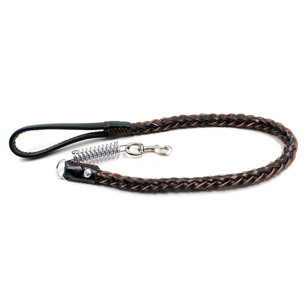 Schwarze geflochtene Hundeleine in Lederoptik mit Cognac-Details, Handschlaufe, Metallkarabiner und Federdämpfer für sichere und komfortable Spaziergänge.