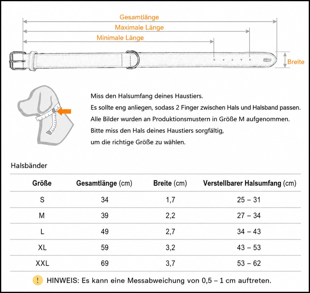 Größentabelle für das gepolsterte Lederhalsband von Hund & Heim – Größen S bis XXL mit Halsumfang, Gesamtlänge und Breite in cm

