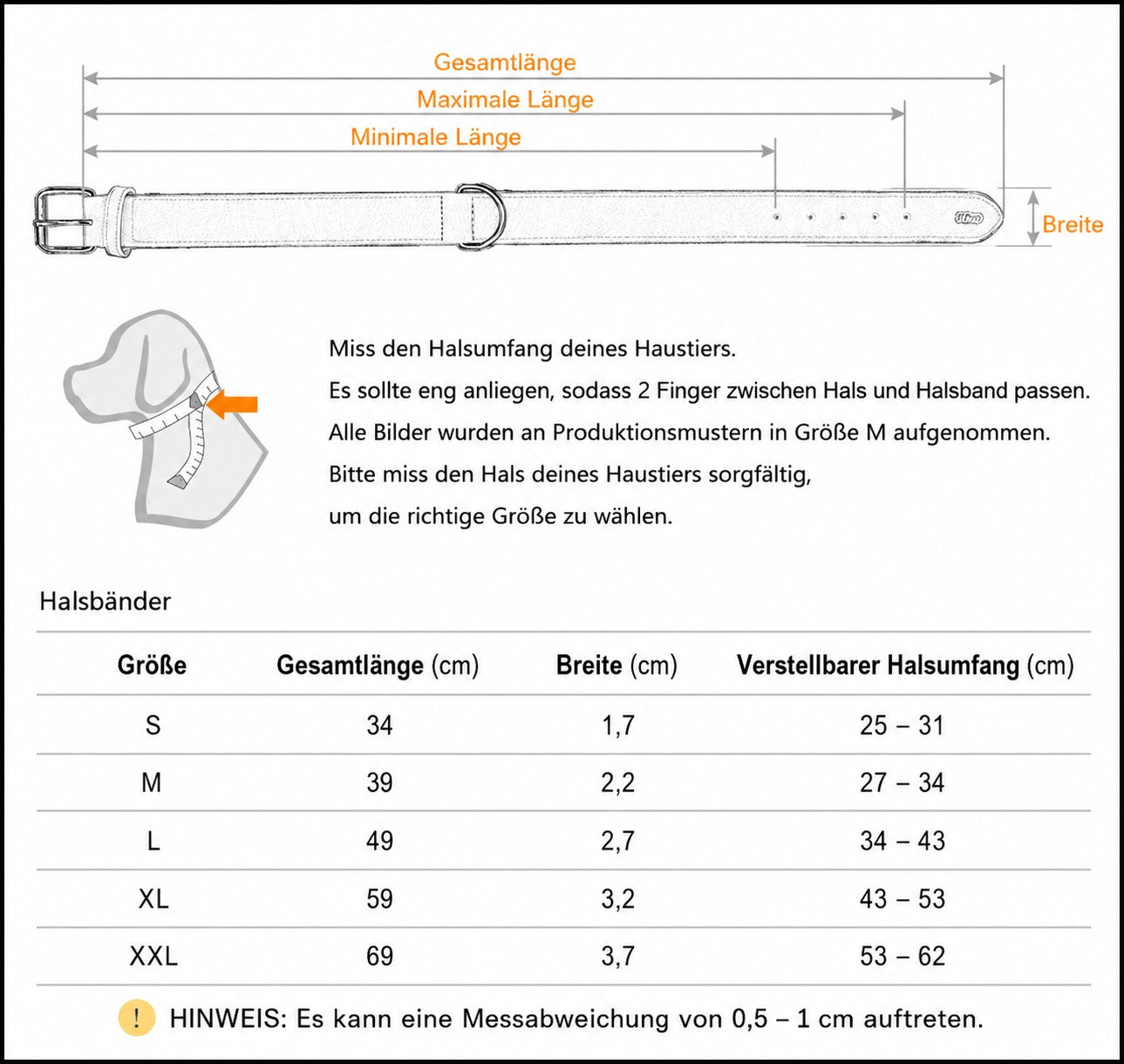 Größentabelle für das gepolsterte Lederhalsband von Hund & Heim – Größen S bis XXL mit Halsumfang, Gesamtlänge und Breite in cm
