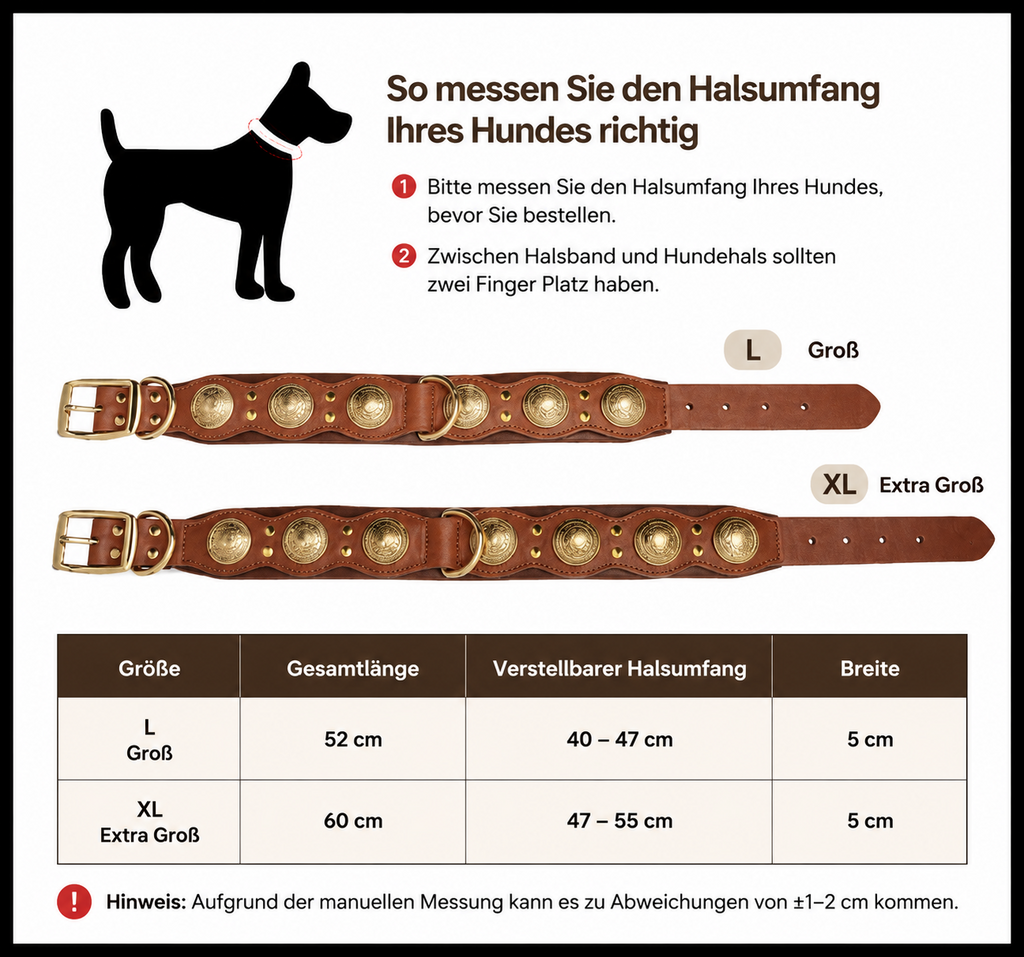 Größentabelle Nieten-Lederhalsband: Größe L (52 cm, Halsumfang 40–47 cm, Breite 5 cm) und XL (60 cm, Halsumfang 47–55 cm, Breite 5 cm)