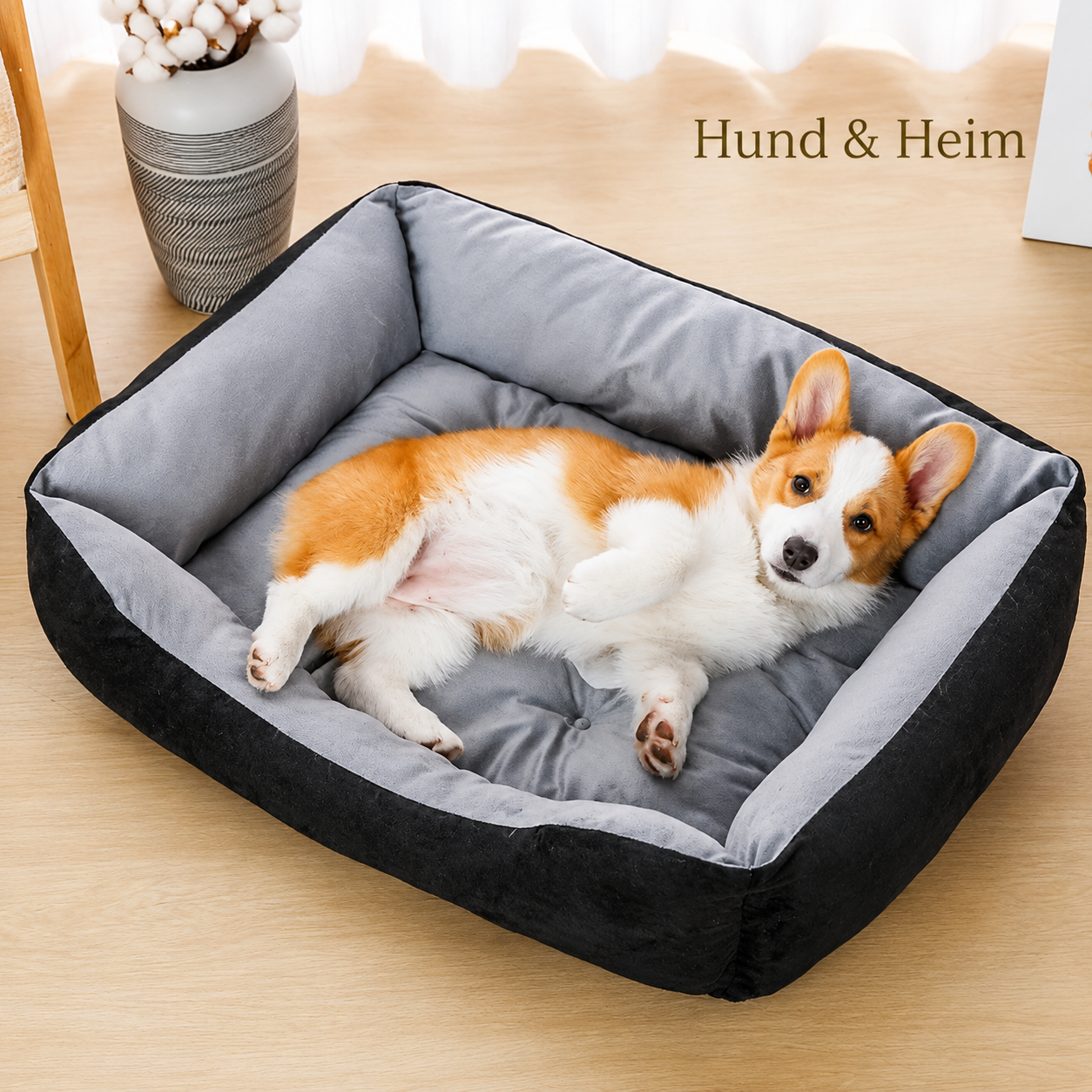 Entspannter Corgi liegt in orthopädischem Plüsch-Hundebett in Schwarz-Grau – geräumig und bequem für kleine bis mittelgroße Hunde | Hund & Heim
