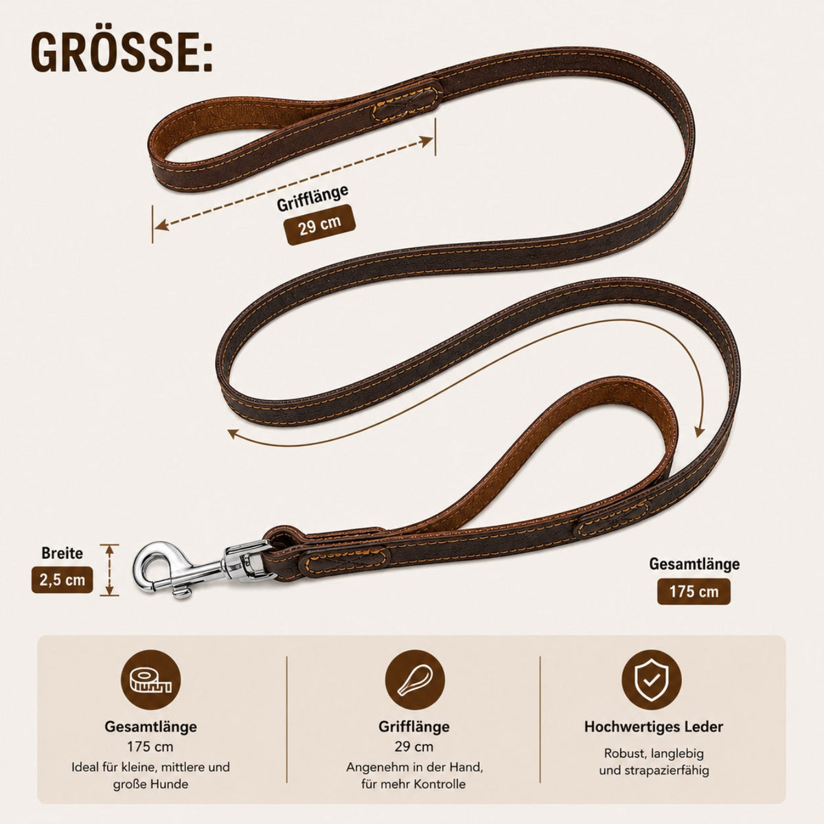 Hochwertige Hundeleine aus Echtleder mit zwei Griffen, 175 cm lang und 2,5 cm breit, Cognac Braun