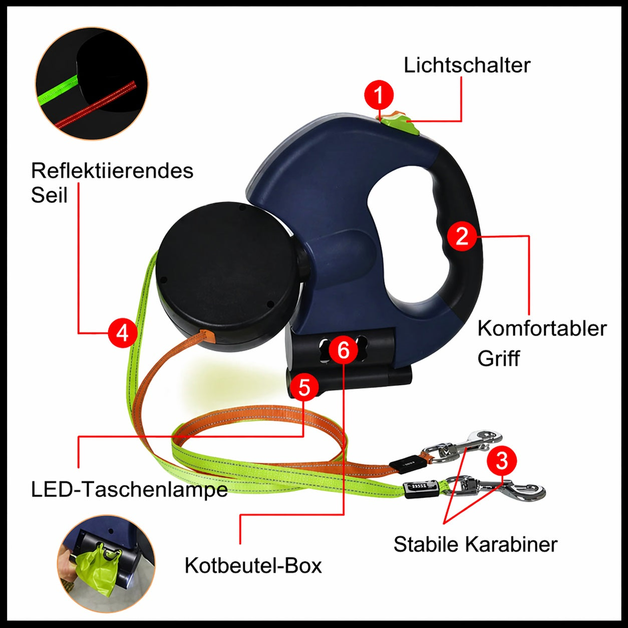 Doppelleine für kleine Hunde in Navy mit Beschriftung: Lichtschalter, komfortabler Griff, stabile Karabiner, LED-Taschenlampe, reflektierendes Seil und Kotbeutel-Box – Hund & Heim