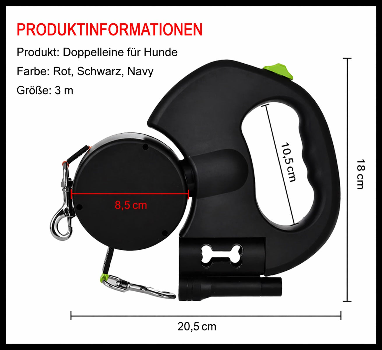 Doppelleine für kleine Hunde in Schwarz mit Maßangaben: 20,5 cm Breite, 18 cm Höhe, 8,5 cm Trommel – Farben Rot, Schwarz, Navy, 3 Meter – Hund & Heim