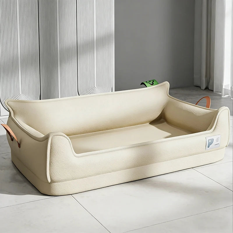 Orthopädisches Leder-Hundebett Sofa in Beige – Frontansicht mit erhöhtem Rand, Leder-Griffen und abnehmbarem Bezug | Hund & Heim
