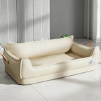 Orthopädisches Leder-Hundebett Sofa in Beige – Frontansicht mit erhöhtem Rand, Leder-Griffen und abnehmbarem Bezug | Hund & Heim
