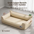 Geräumiges Leder-Hundebett Sofa in Beige von oben – großzügiger Liegeplatz für mittelgroße Hunde mit erhöhtem Rand und Leder-Griffen | Hund & Heim

