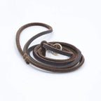 Braune Lederleine aus echtem Rindleder, aufgerollt auf weißem Hintergrund, natürliche Lederstruktur sichtbar – Hund & Heim