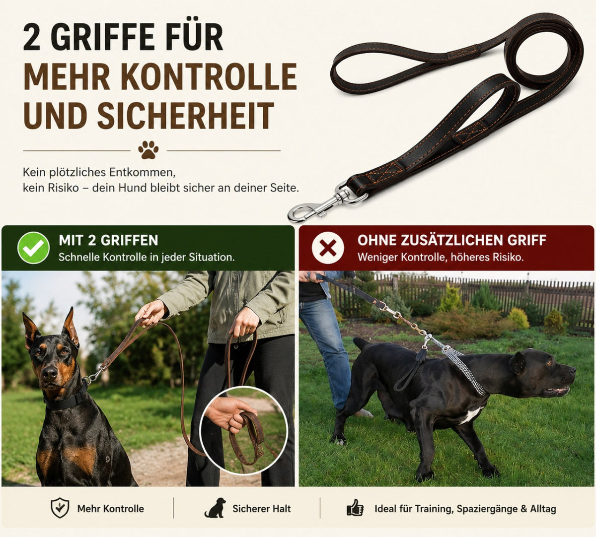 Hochwertige Lederleine für Hunde mit 2 Griffen in Schwarz und Cognac Braun für Spaziergänge und Training
