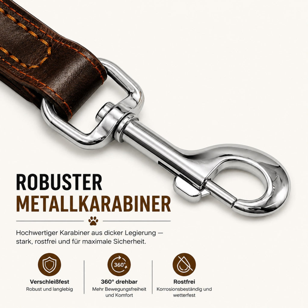 Robuster Metallkarabiner einer Lederleine für Hunde in Cognac Braun