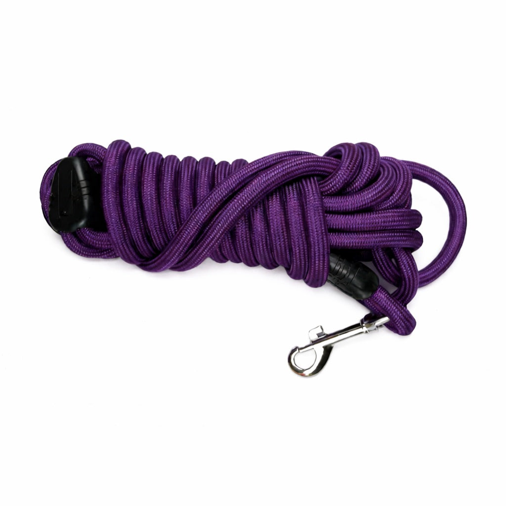 Lila Hundeleine aus strapazierfähigem Nylon, mit schwarzem Gummigriff und vernickeltem Karabinerhaken, perfekt für Spaziergänge und Training.