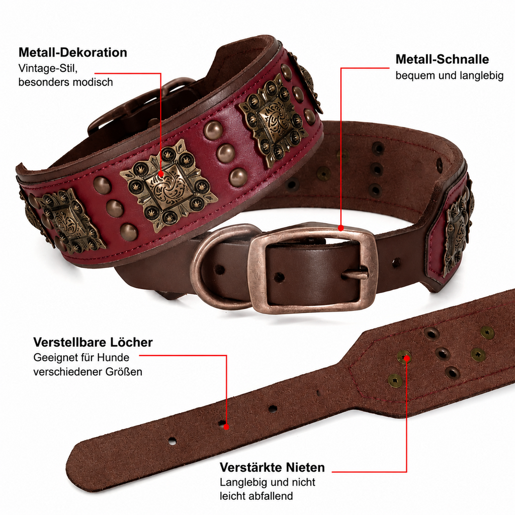 Detailansicht Nieten-Lederhalsband: Vintage Metall-Dekoration, robuste Metall-Schnalle, verstärkte Nieten und verstellbare Löcher für verschiedene Halsgrößen | Hund & Heim
