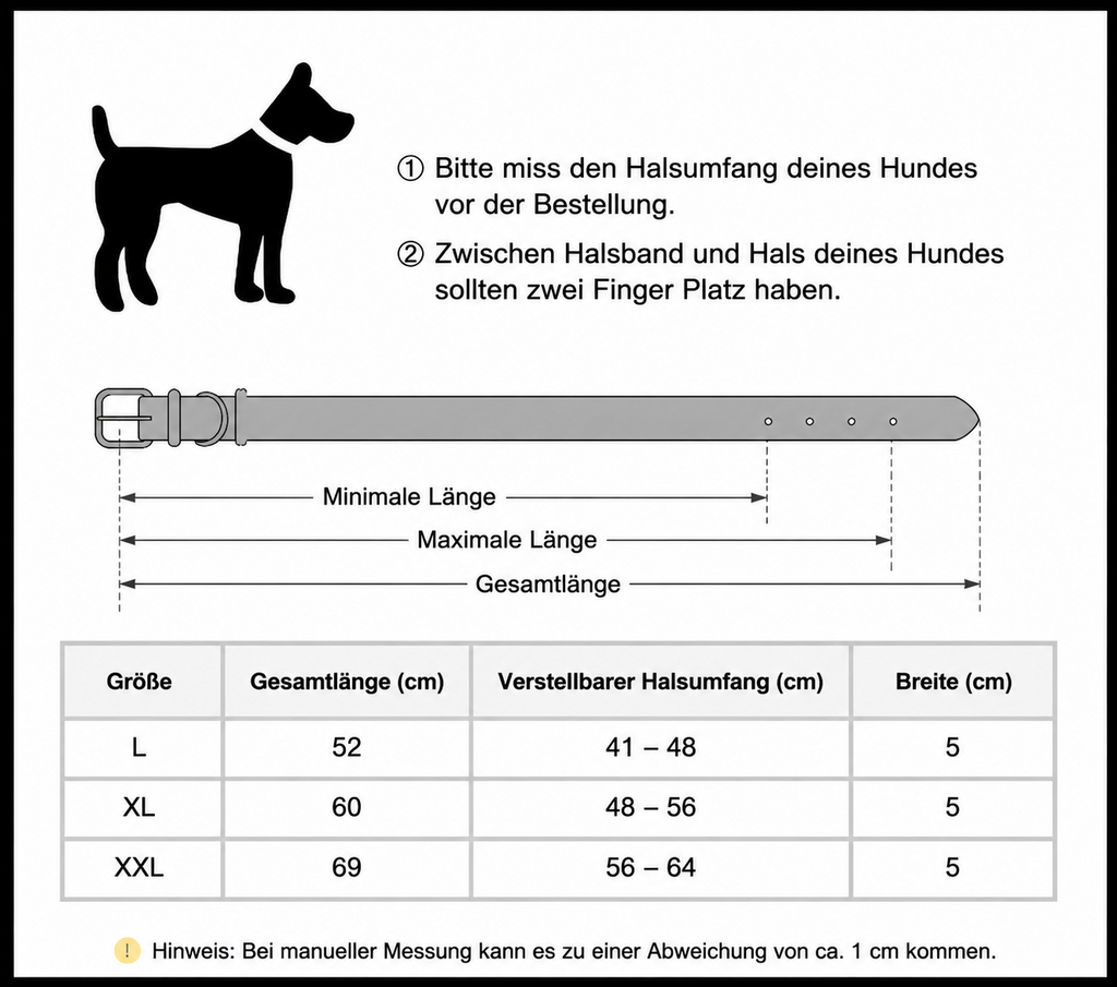 Größentabelle Nieten-Lederhalsband: L (41–48 cm), XL (48–56 cm), XXL (56–64 cm), Breite 5 cm | Hund & Heim