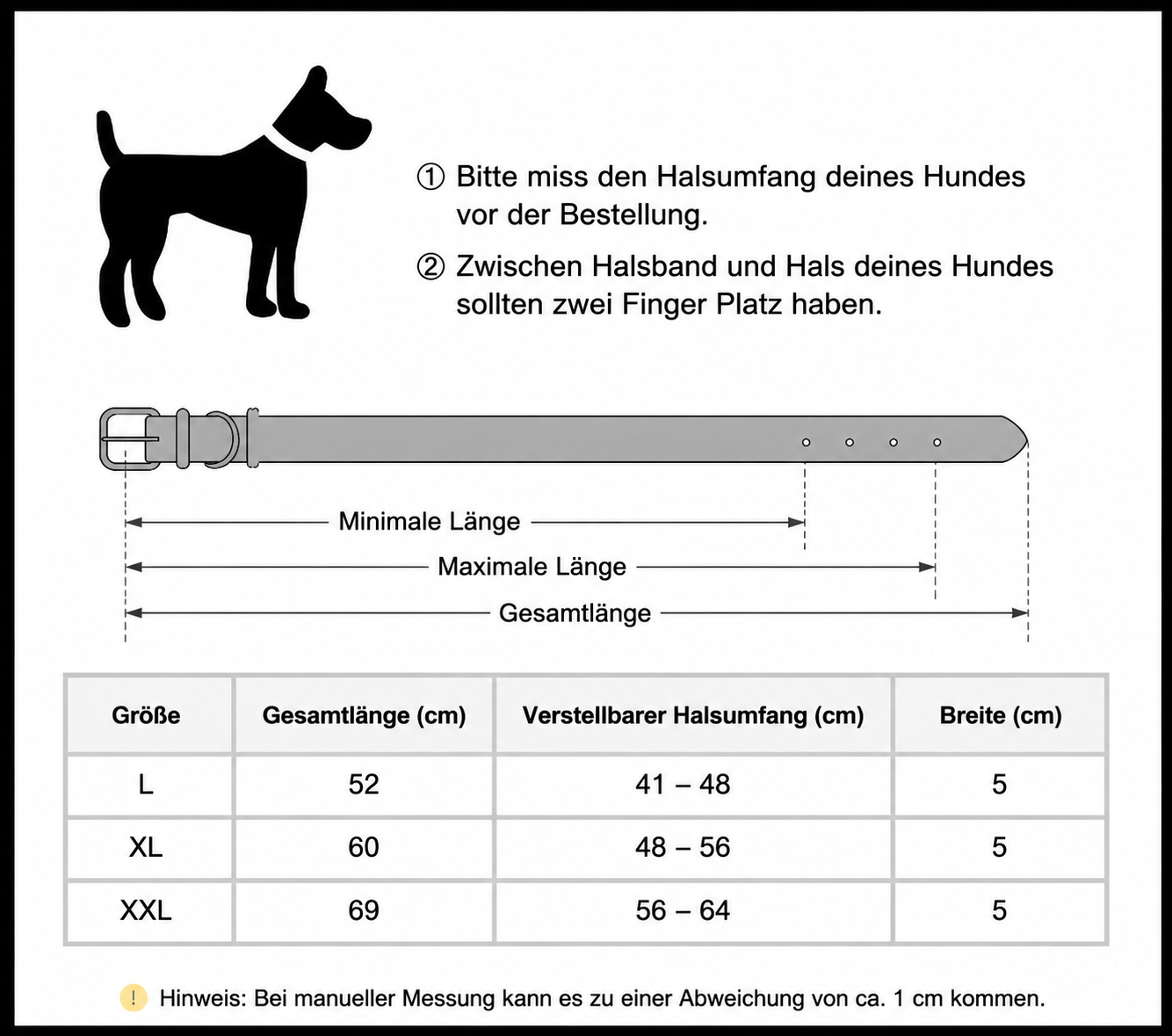 Größentabelle Nieten-Lederhalsband: L (41–48 cm), XL (48–56 cm), XXL (56–64 cm), Breite 5 cm | Hund & Heim