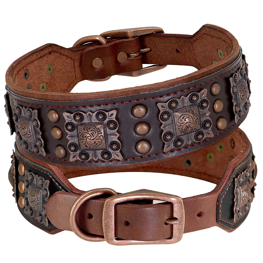 Breites Nieten-Lederhalsband in Schwarz für große Hunde – zwei Größen, gravierte Metallbeschläge und Kupferschnalle | Hund & Heim