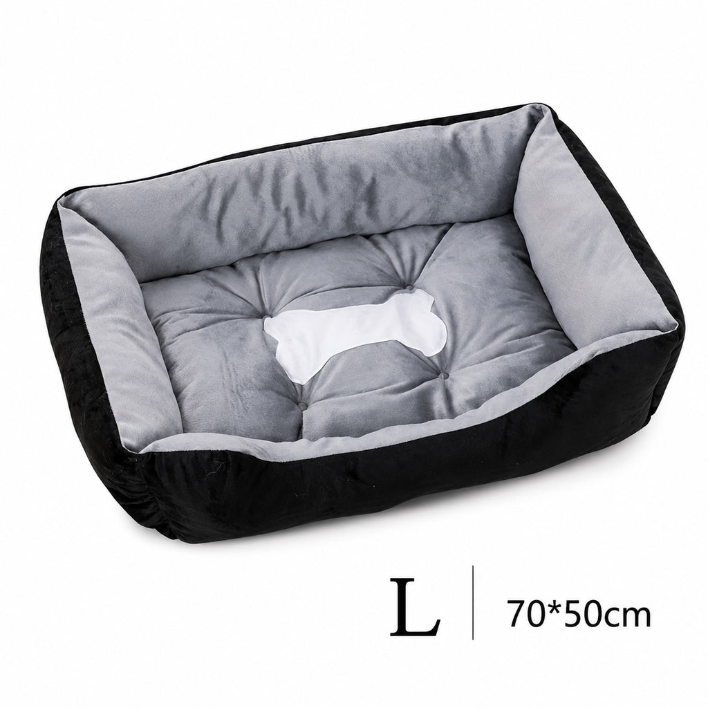 Orthopädisches Plüsch-Hundebett in Schwarz-Grau, Größe L (70x50 cm) – mit gesteppter Liegefläche und Knochen-Motiv | Hund & Heim
