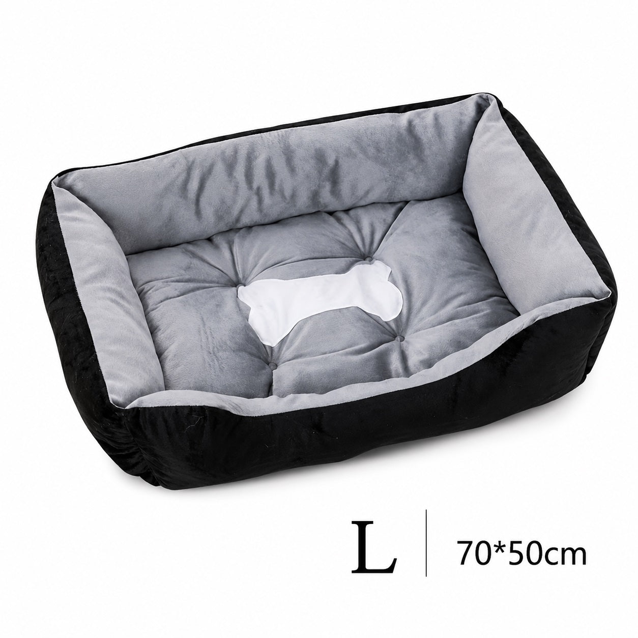 Orthopädisches Plüsch-Hundebett in Schwarz-Grau, Größe L (70x50 cm) – mit gesteppter Liegefläche und Knochen-Motiv | Hund & Heim
