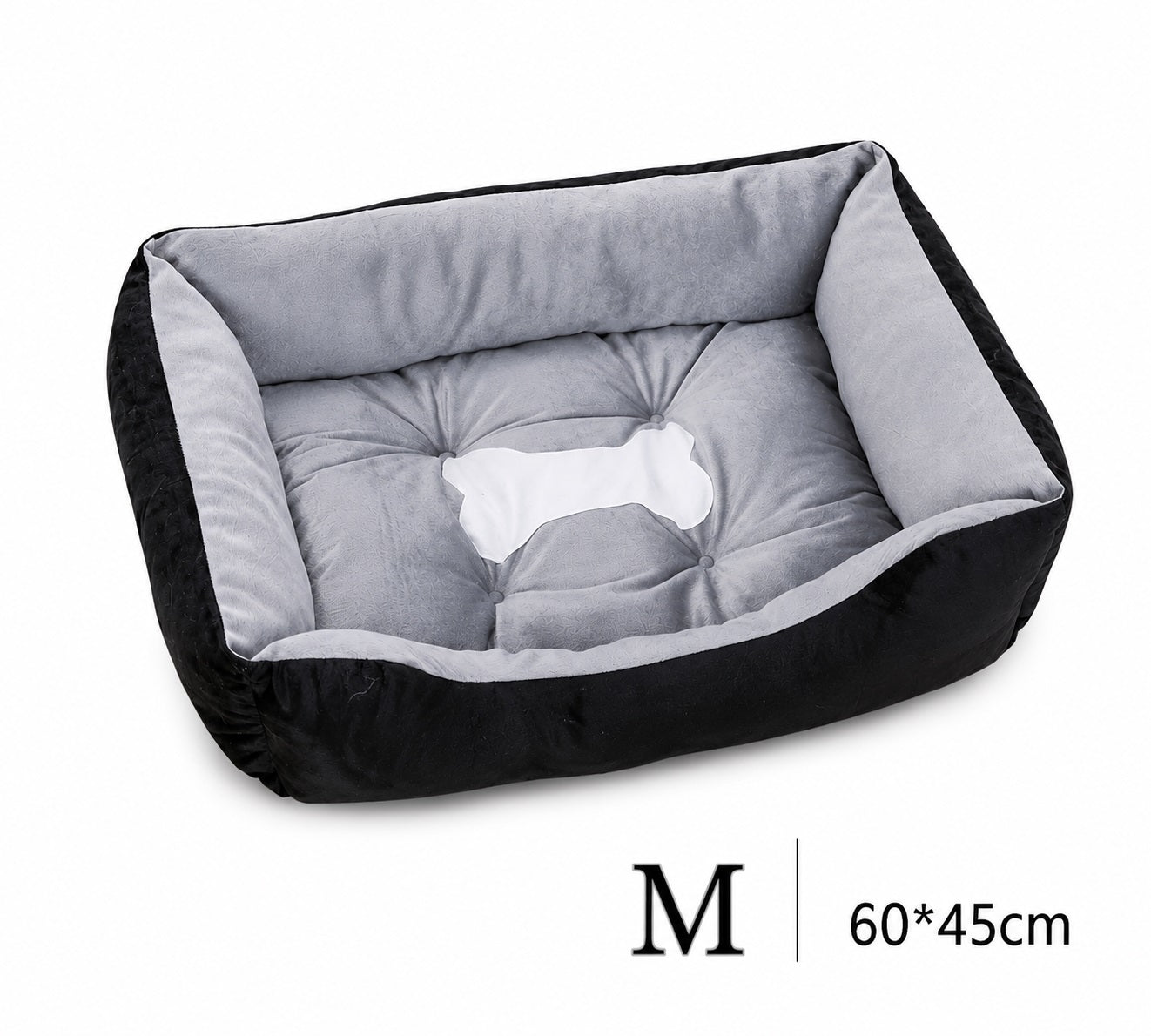 Orthopädisches Plüsch-Hundebett in Schwarz-Grau, Größe M (60x45 cm) – mit gesteppter Liegefläche und Knochen-Motiv | Hund & Heim
