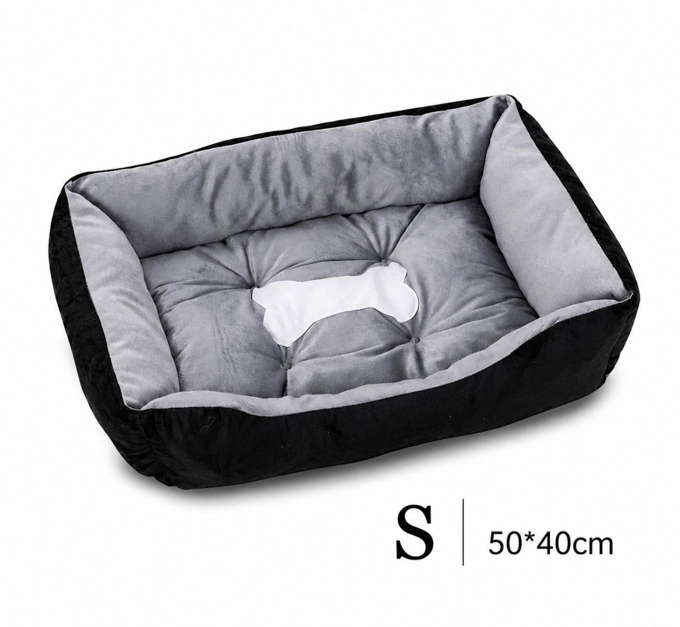 Orthopädisches Plüsch-Hundebett in Schwarz-Grau, Größe S (50x40 cm) – mit gesteppter Liegefläche und Knochen-Motiv | Hund & Heim
