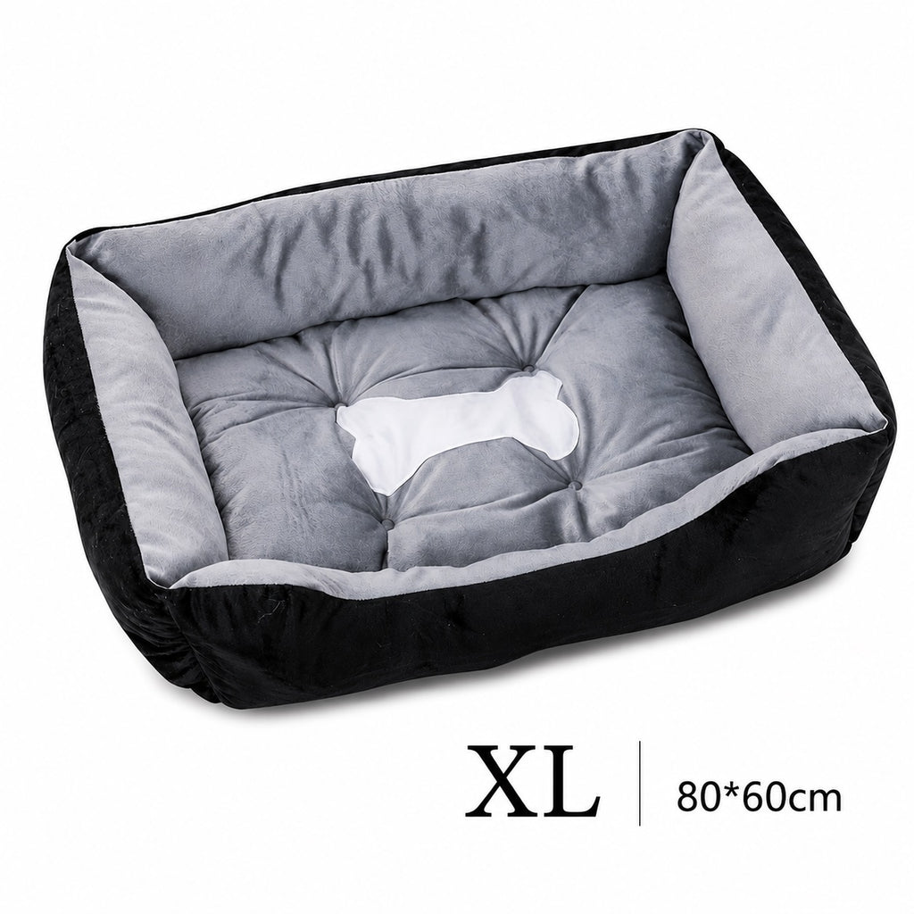 Orthopädisches Plüsch-Hundebett in Schwarz-Grau, Größe XL (80x60 cm) – mit gesteppter Liegefläche und Knochen-Motiv | Hund & Heim
