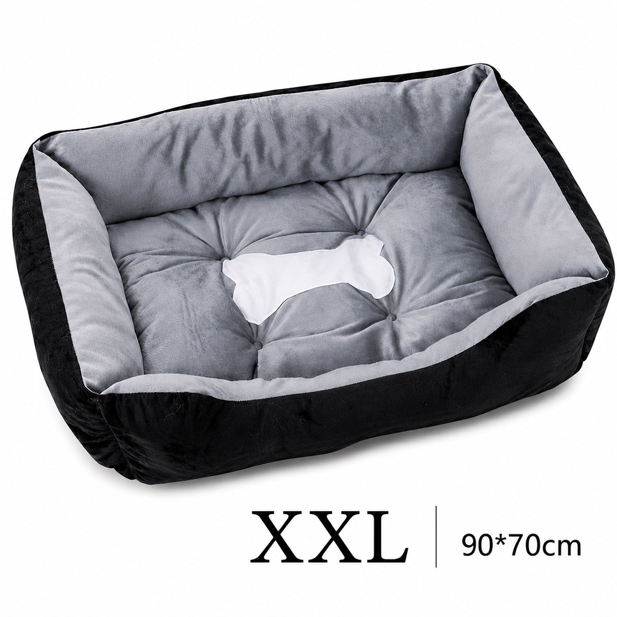 Orthopädisches Plüsch-Hundebett in Schwarz-Grau, Größe XXL (90x70 cm) – mit gesteppter Liegefläche und Knochen-Motiv | Hund & Heim
