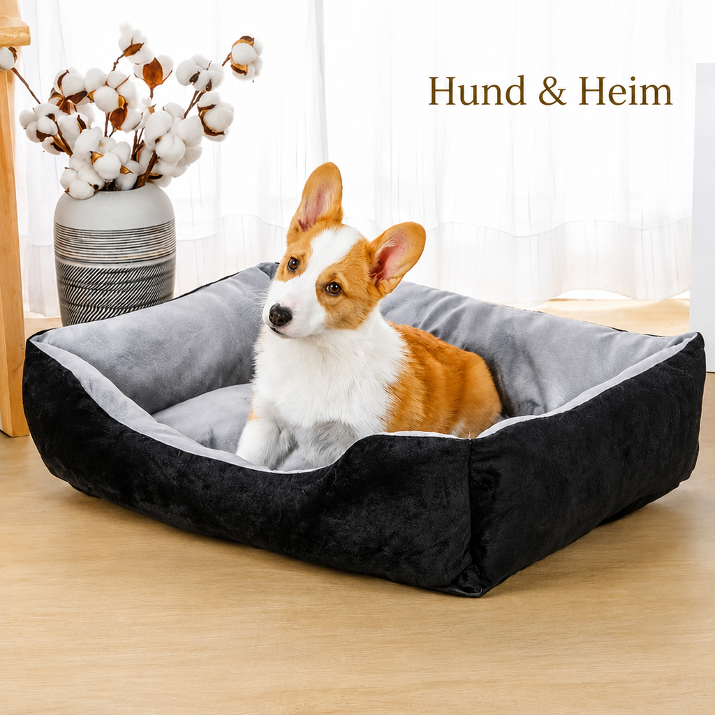 Corgi sitzt in orthopädischem Plüsch-Hundebett in Schwarz-Grau – weiche Innenpolsterung und rutschfeste Unterseite | Hund & Heim
