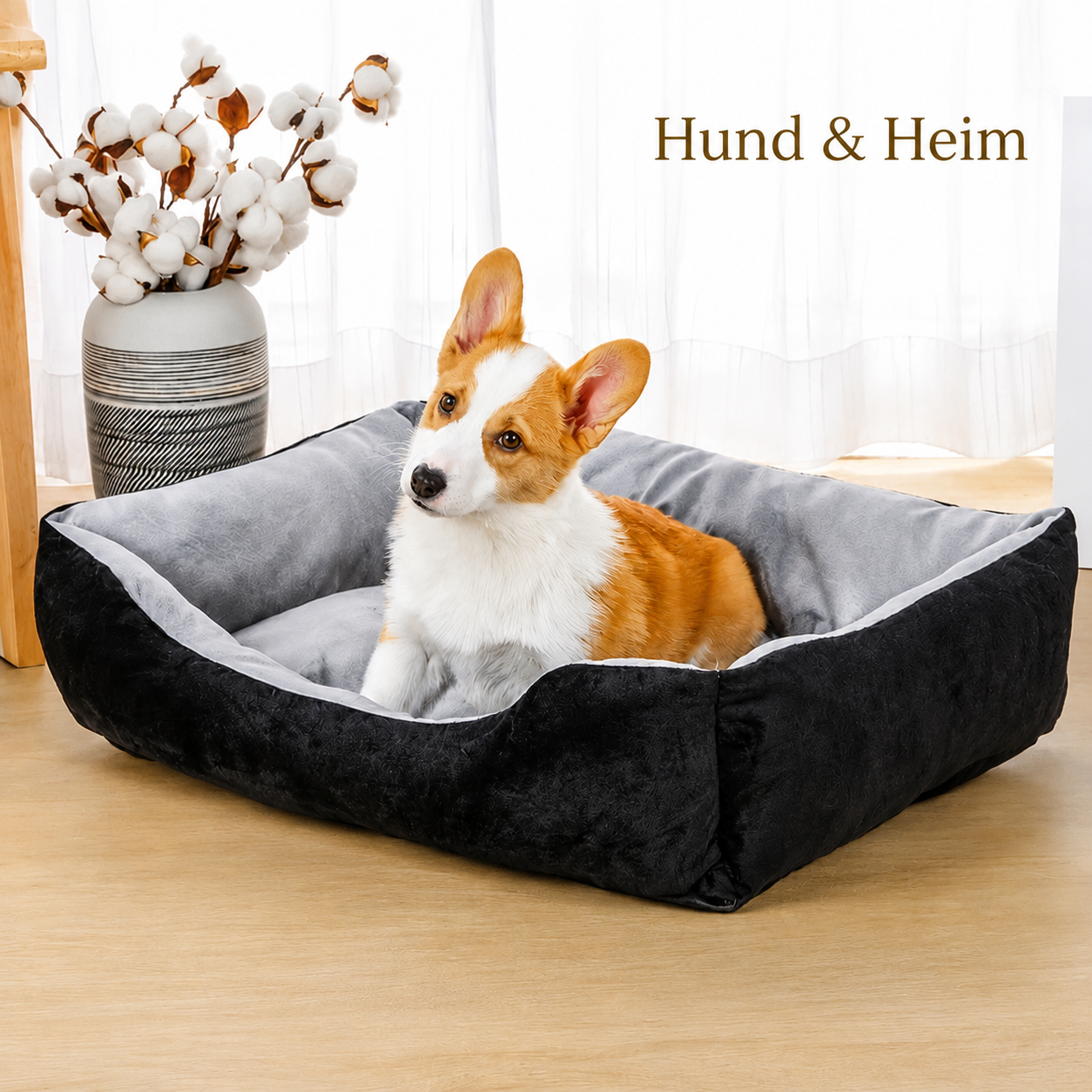 Corgi sitzt in orthopädischem Plüsch-Hundebett in Schwarz-Grau – weiche Innenpolsterung und rutschfeste Unterseite | Hund & Heim

