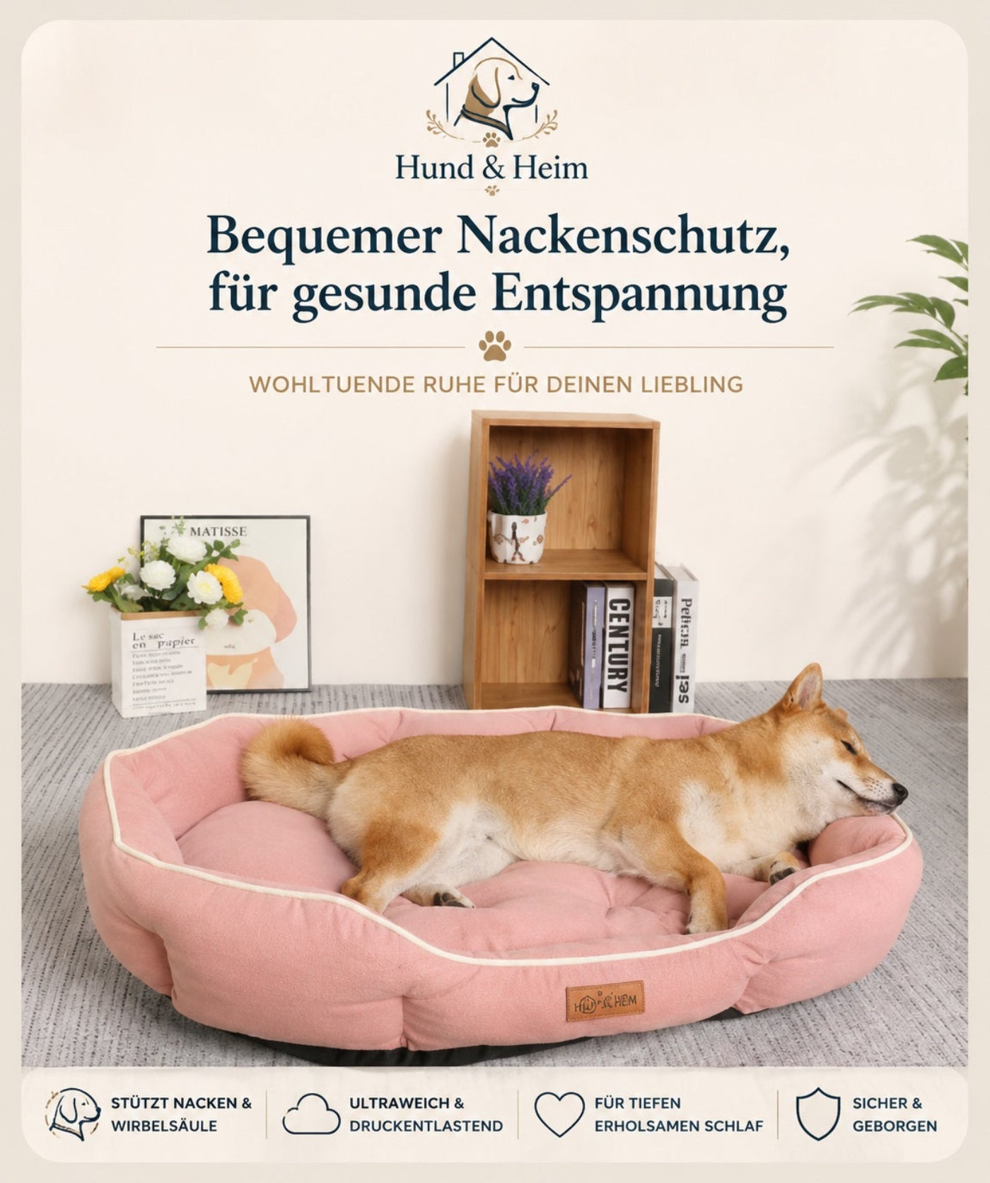 Hund liegt entspannt im orthopädischen Premium Hundebett in Rosé mit erhöhtem Rand. Der ergonomische Nackenschutz unterstützt Kopf und Wirbelsäule und sorgt für erholsamen Schlaf.