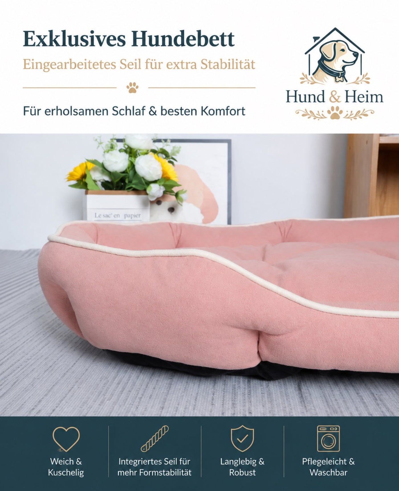 Orthopädisches Premium Hundebett in Rosé mit integriertem Stabilisierungsseil, weicher Polsterung und erhöhtem Rand für langlebigen Komfort und erholsamen Hundeschlaf.