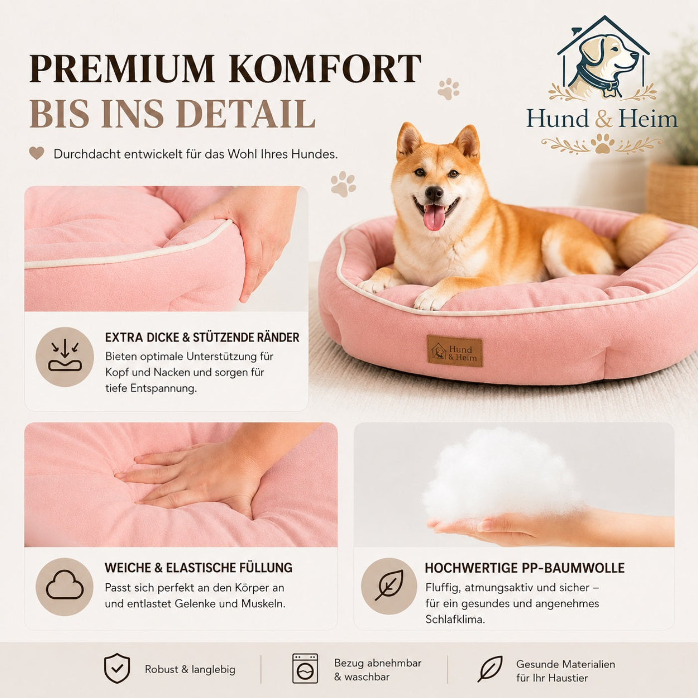 Orthopädisches Premium Hundebett in Rosé mit extra dicken, stützenden Rändern, weicher Füllung und abnehmbarem, waschbarem Bezug für erholsamen Hundeschlaf.