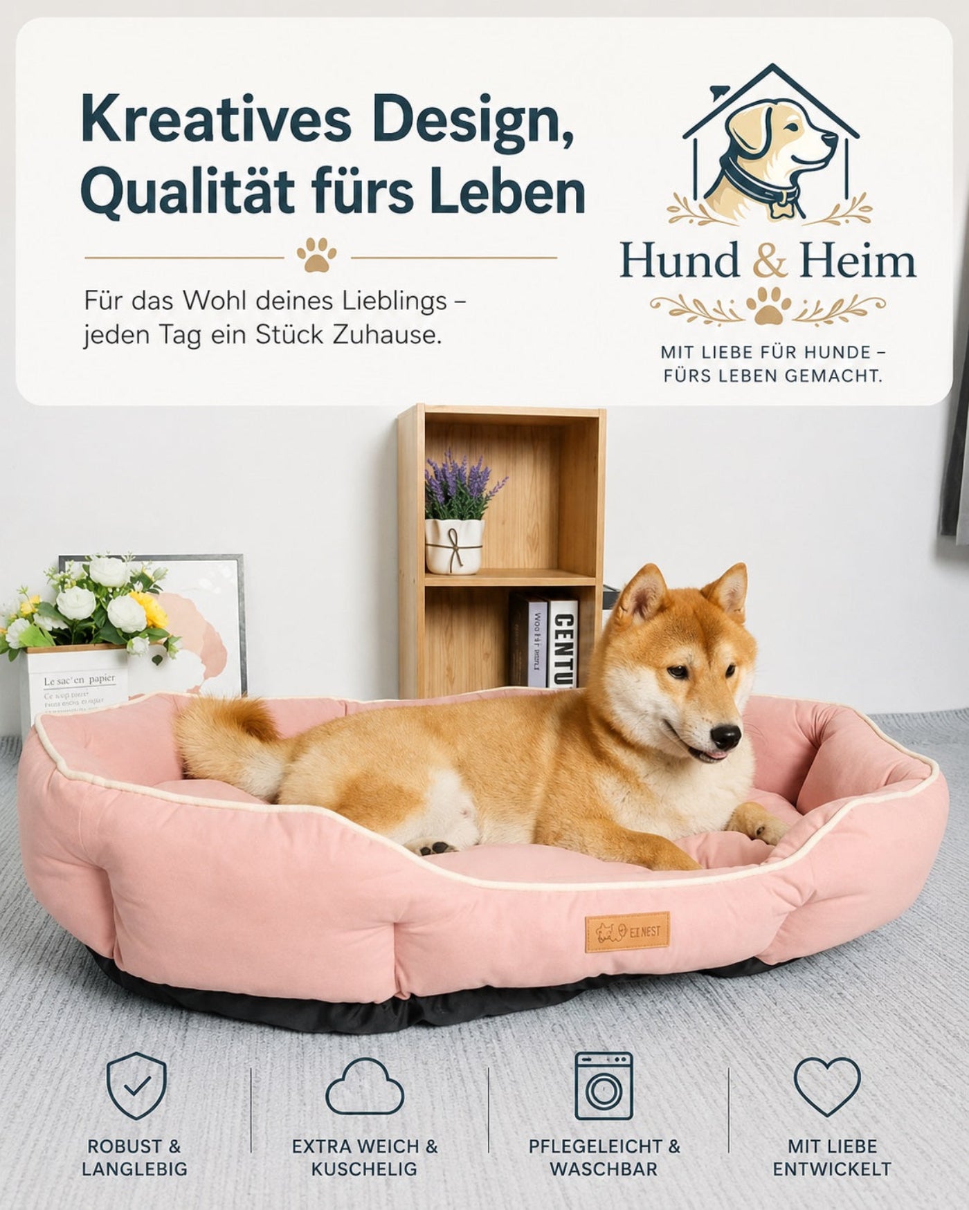 Rosafarbenes orthopädisches Premium Hundebett mit weicher Polsterung und erhöhtem Rand. Komfortabler und pflegeleichter Schlafplatz für Hunde.