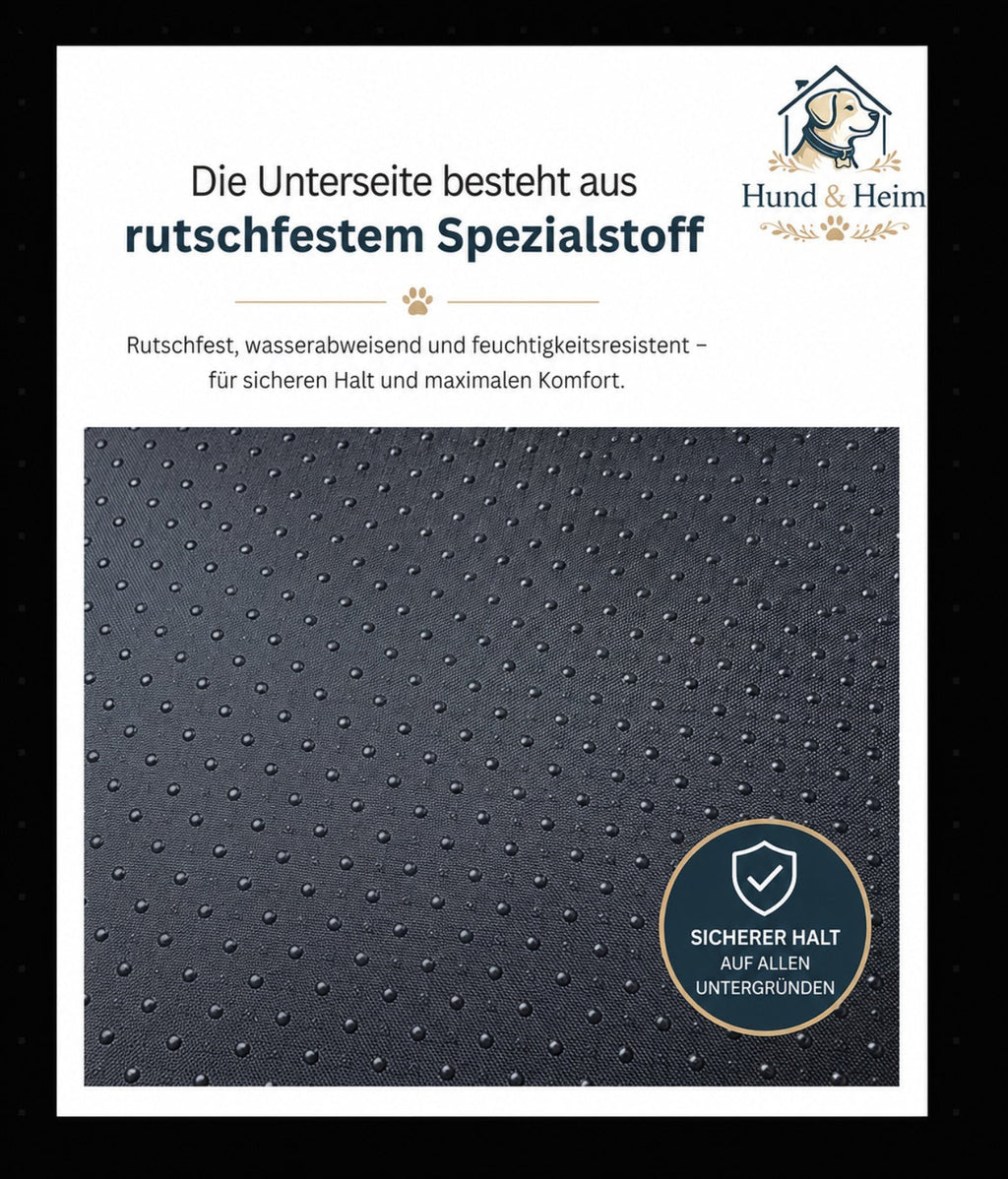 Detailaufnahme der rutschfesten Unterseite des orthopädischen Premium Hundebetts. Wasserabweisender Spezialstoff sorgt für sicheren Halt auf verschiedenen Bodenbelägen.