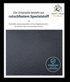 Detailaufnahme der rutschfesten Unterseite des orthopädischen Premium Hundebetts. Wasserabweisender Spezialstoff sorgt für sicheren Halt auf verschiedenen Bodenbelägen.