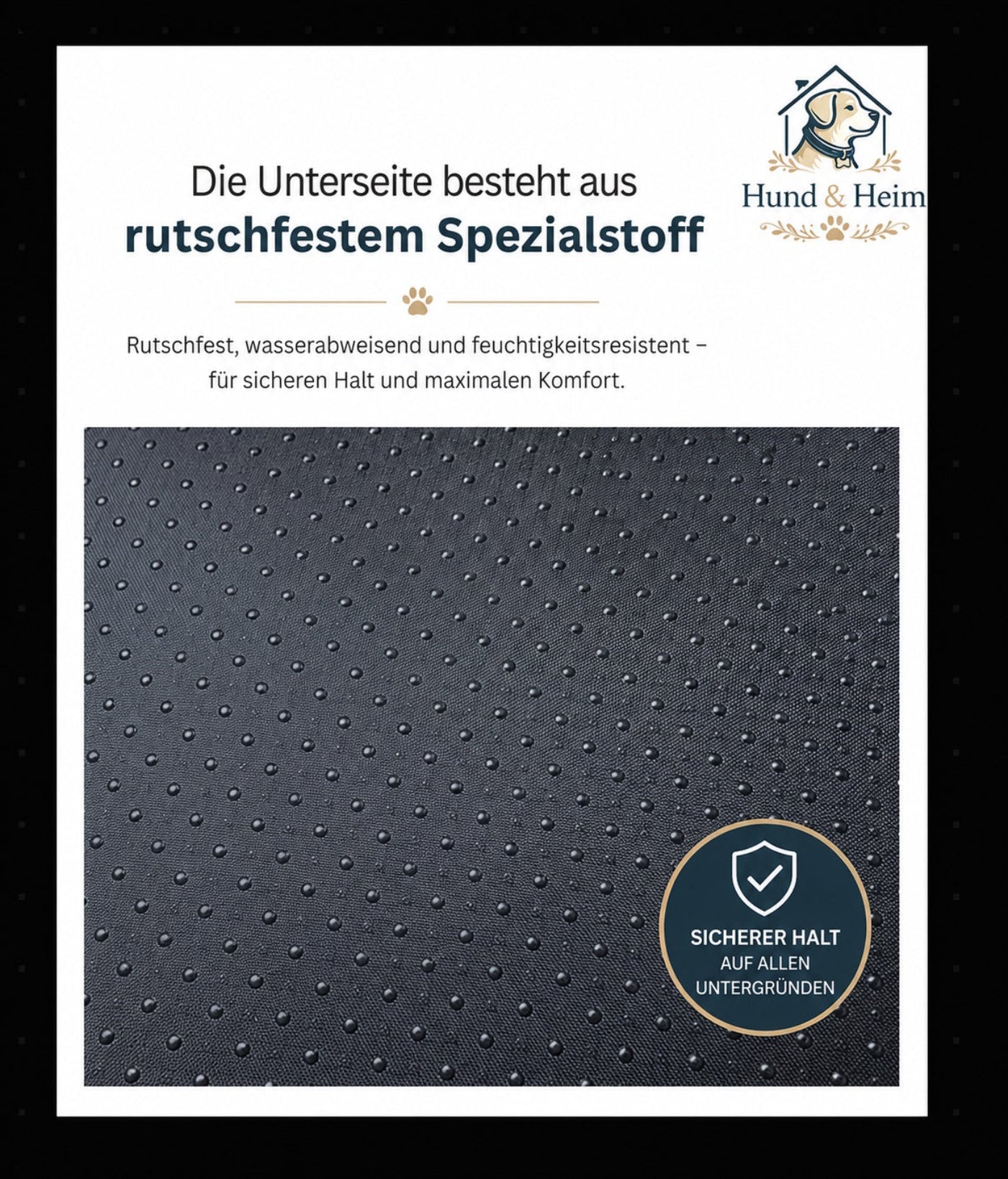 Detailaufnahme der rutschfesten Unterseite des orthopädischen Premium Hundebetts. Wasserabweisender Spezialstoff sorgt für sicheren Halt auf verschiedenen Bodenbelägen.
