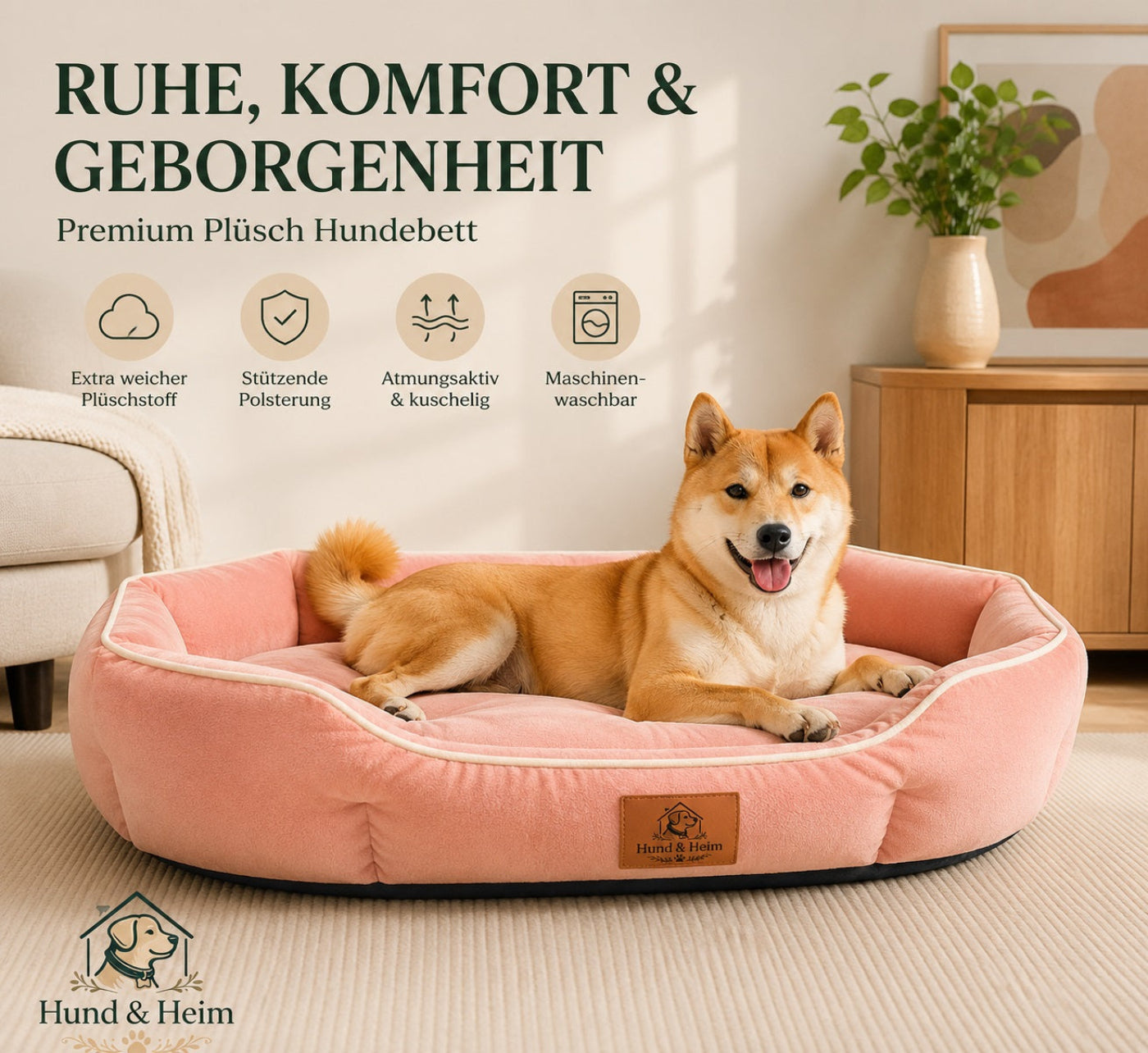 Orthopädisches Premium Hundebett in Rosé mit erhöhtem Rand und weicher Plüschpolsterung. Komfortabler Schlafplatz für kleine und mittelgroße Hunde.