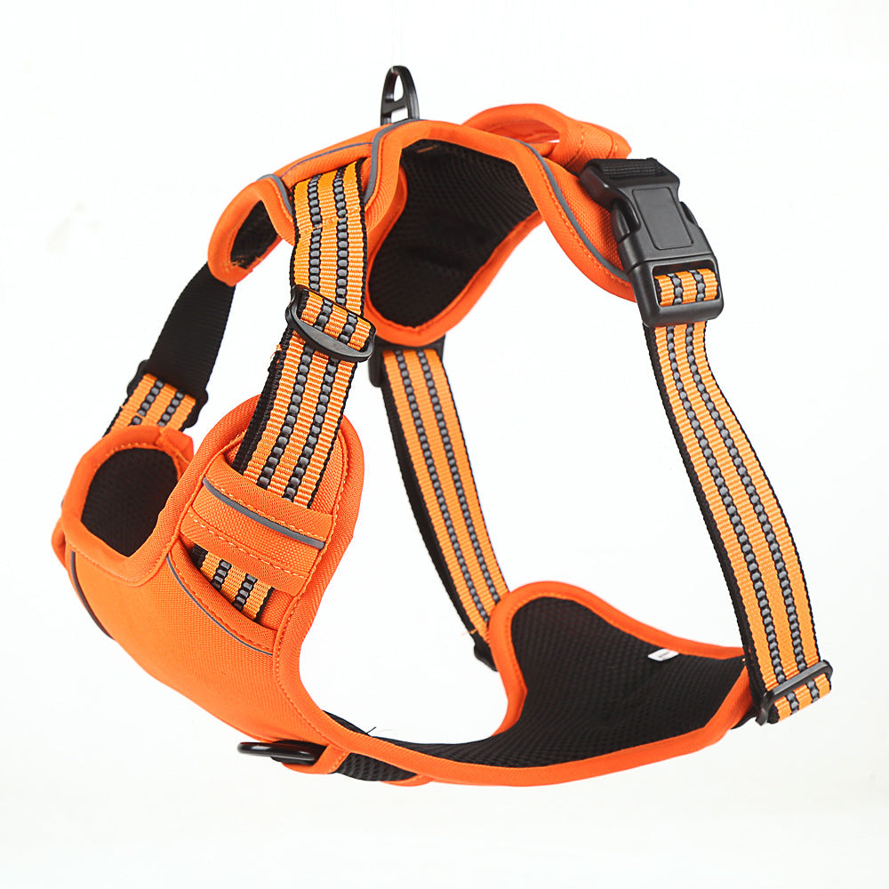 Reflektierendes Hundegeschirr in Orange mit Schnellverschluss, gepolsterter Brustplatte und Reflektorstreifen – Seitenansicht