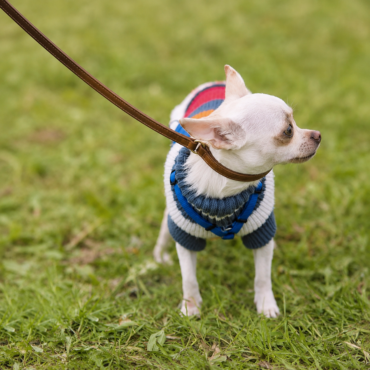 Chihuahua mit brauner Leder Slip Lead Leine im Park – leichte Schlupfleine für kleine Hunde & Welpen – Hund & Heim